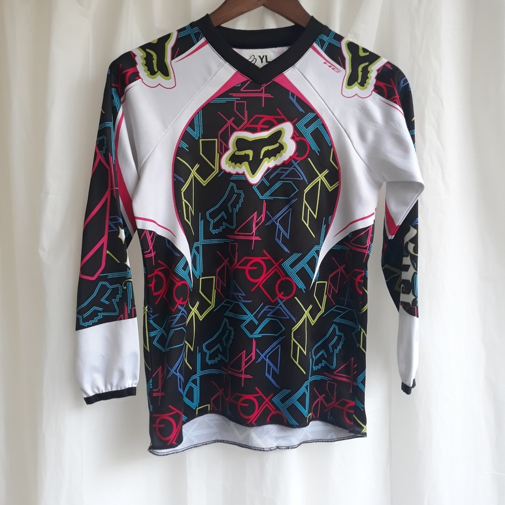 Fox jersey. Black & white with neon colors.  Sz YL